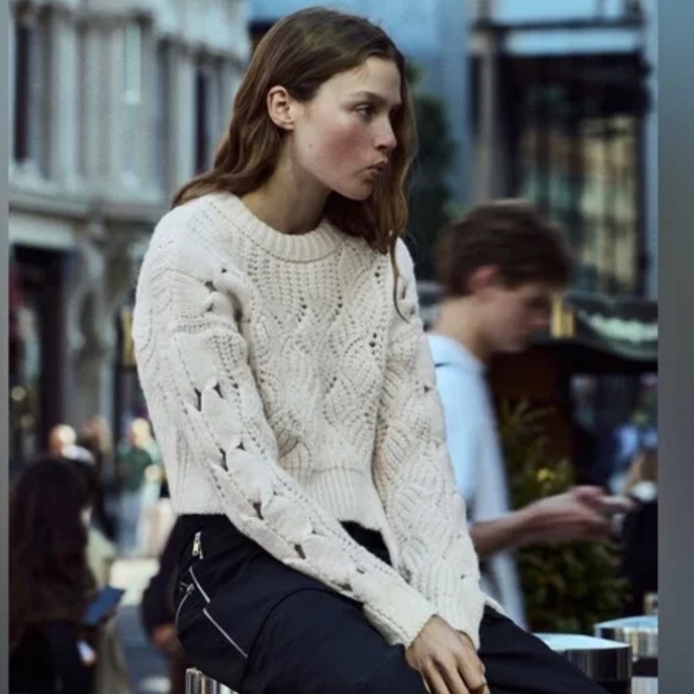 ZARA Cable Knit Tie Sweater Chunky‎ Preppy Cream Ivory Size M Casual Bow Soft - Picture 13 of 13